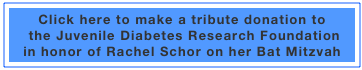 Click here to make a tribute donation to
 the Juvenile Diabetes Research Foundation 
in honor of Rachel Schor on her Bat Mitzvah